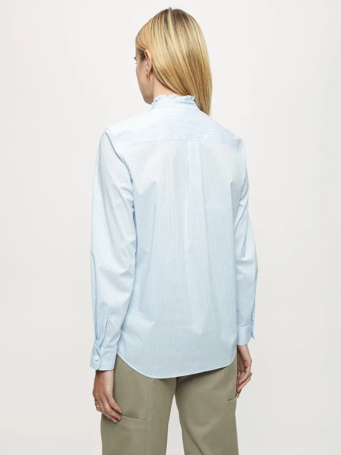 Jigsaw Tops Women Cotton Ruffle Stripe Shirt Blue