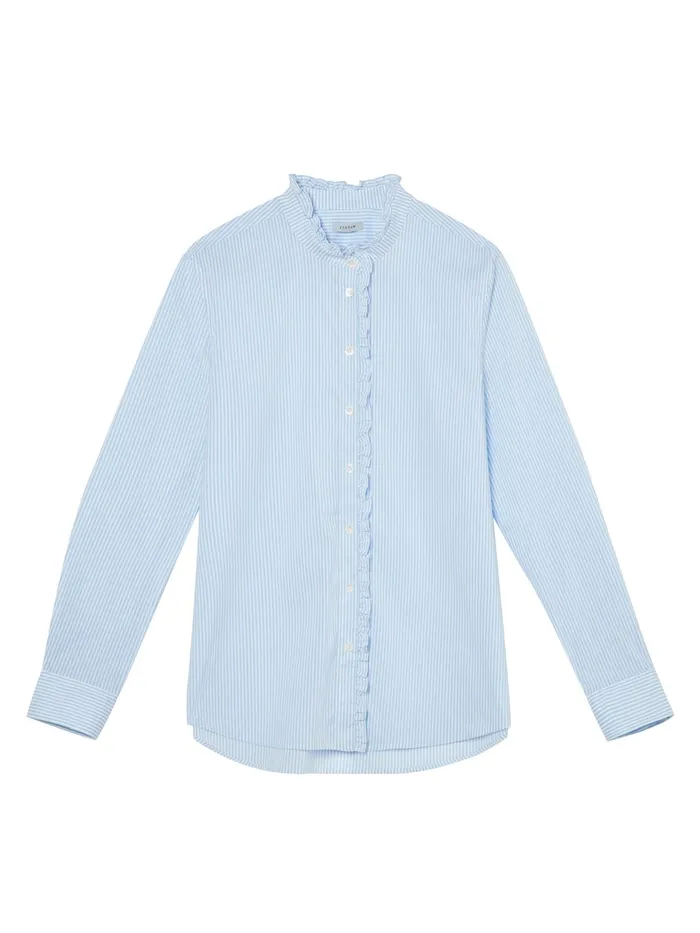 Jigsaw Tops Women Cotton Ruffle Stripe Shirt Blue
