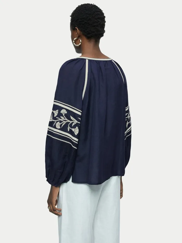 Jigsaw Tops Women Linenblend Embroidery Top Blue