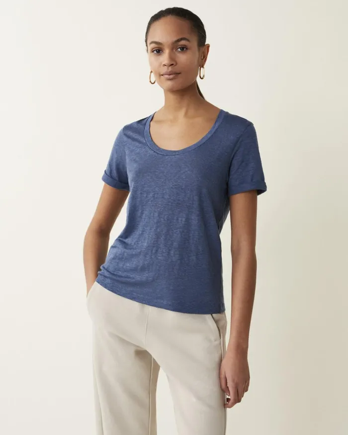 Jigsaw Tops Women Linen Scoop Neck Tee Blue