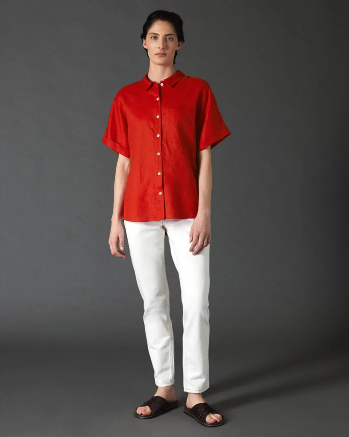 Jigsaw Tops Women Short Sleeve Linen Shirt Red