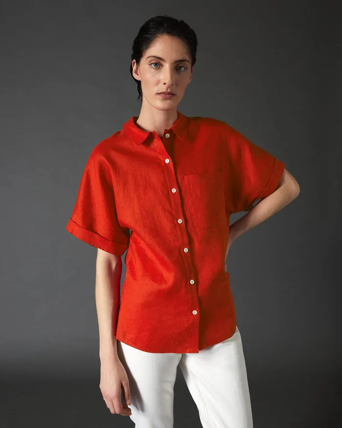 Jigsaw Tops Women Short Sleeve Linen Shirt Red