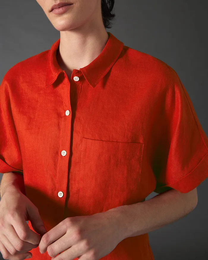 Jigsaw Tops Women Short Sleeve Linen Shirt Red