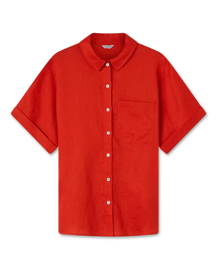 Jigsaw Tops Women Short Sleeve Linen Shirt Red