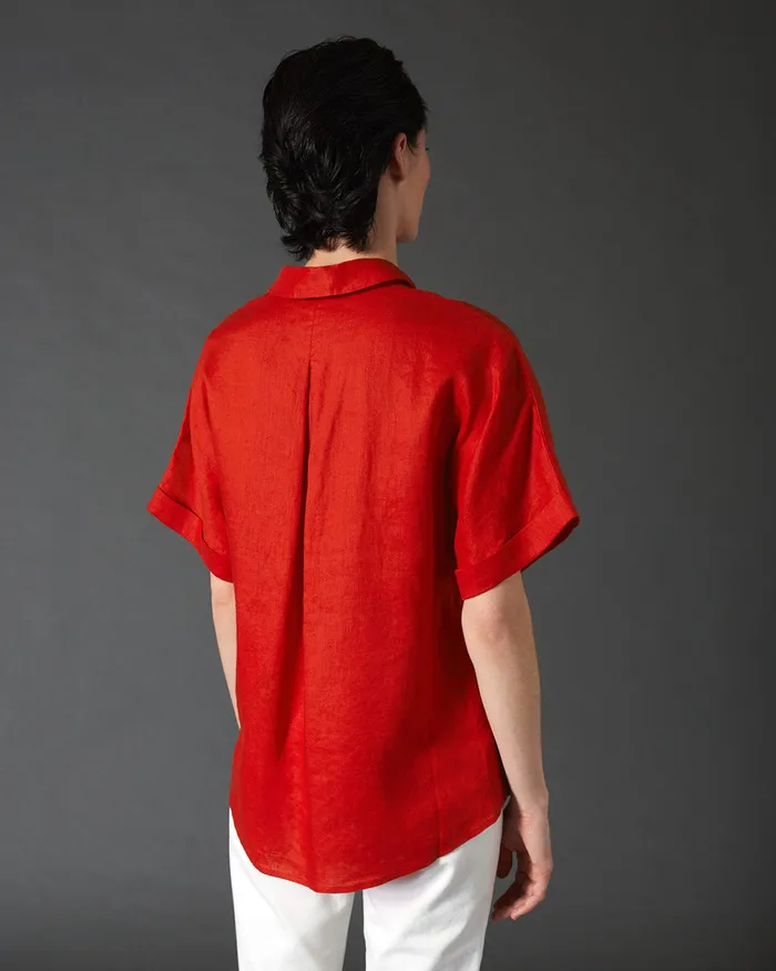 Jigsaw Tops Women Short Sleeve Linen Shirt Red