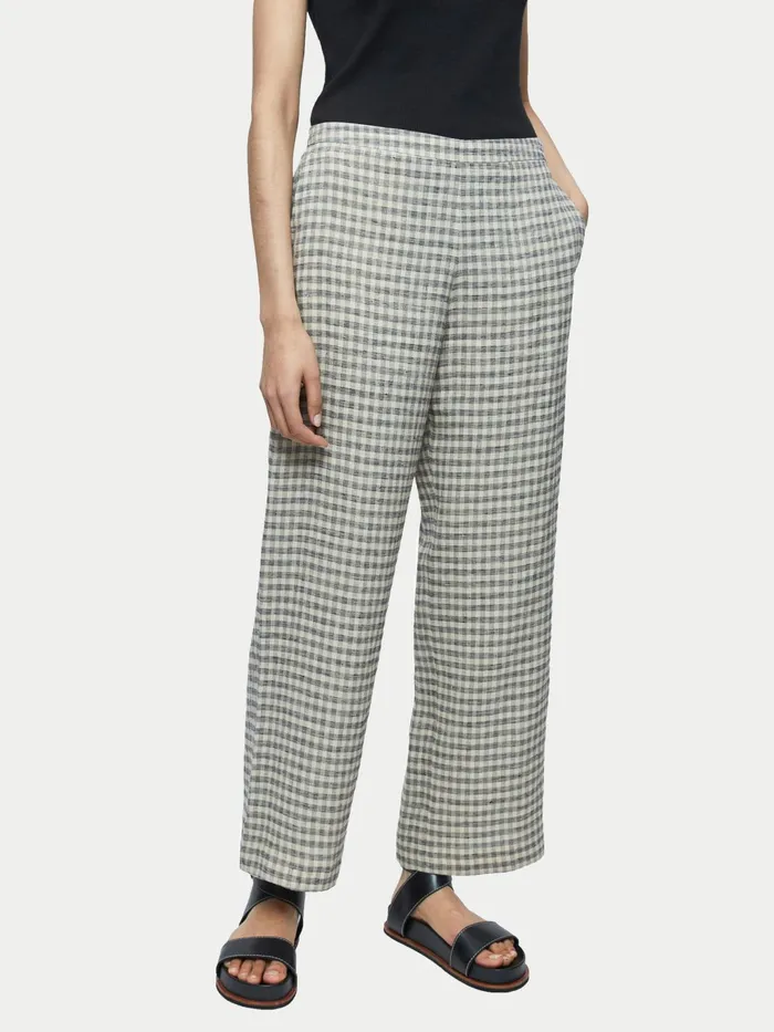 Jigsaw Trousers Women Linen Check Palazzo Trousers Cream