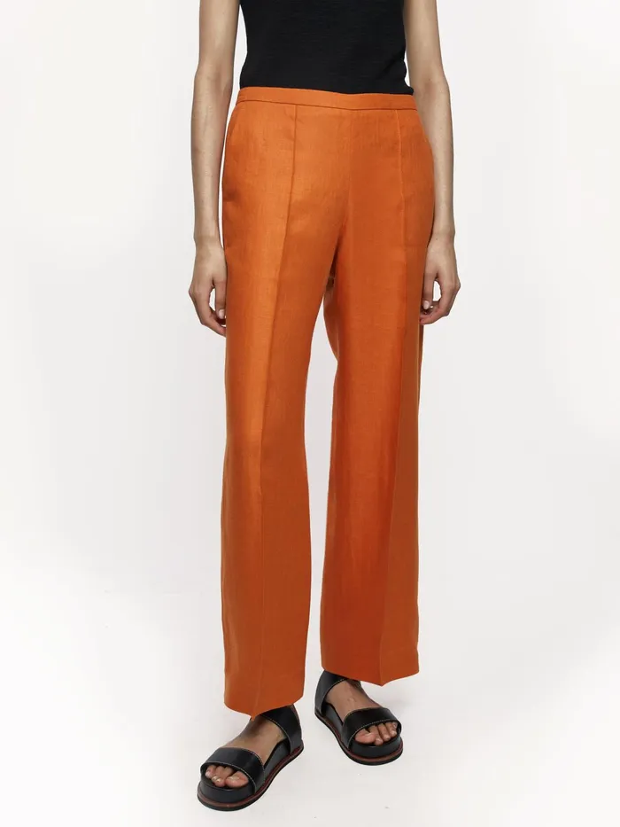 Jigsaw Trousers Women Linen Herringbone Palazzo Orange