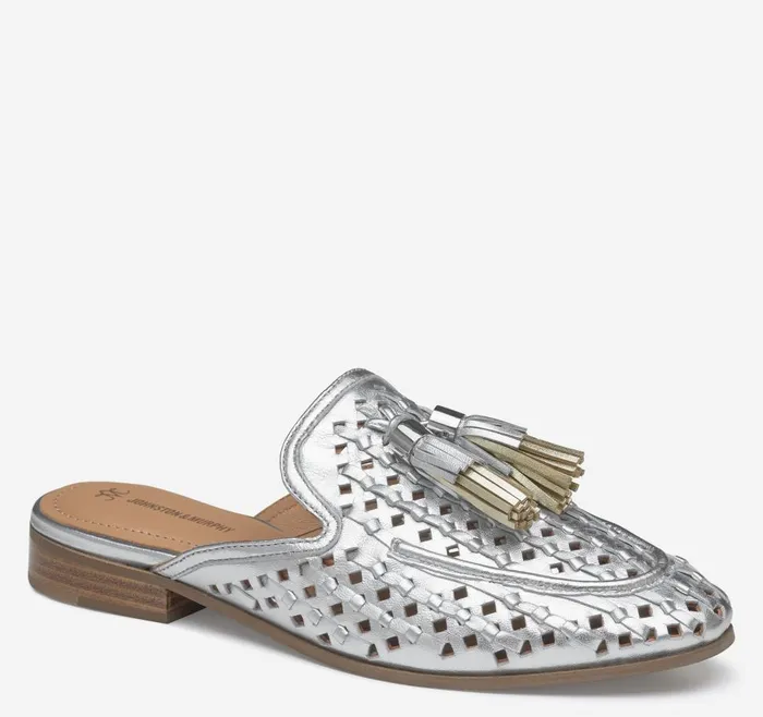 Johnston and Murphy Ali Woven Tassel Mule Silver Metallic Sheepskin Women Mules and Loafers Johnston and Murphy Ali Woven Tassel Mule Silver Metallic Sheepskin Women Mules and Loafers