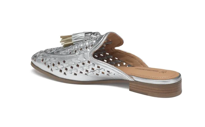 Johnston and Murphy Ali Woven Tassel Mule Silver Metallic Sheepskin Women Mules and Loafers Johnston and Murphy Ali Woven Tassel Mule Silver Metallic Sheepskin Women Mules and Loafers