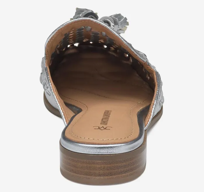 Johnston and Murphy Ali Woven Tassel Mule Silver Metallic Sheepskin Women Mules and Loafers Johnston and Murphy Ali Woven Tassel Mule Silver Metallic Sheepskin Women Mules and Loafers