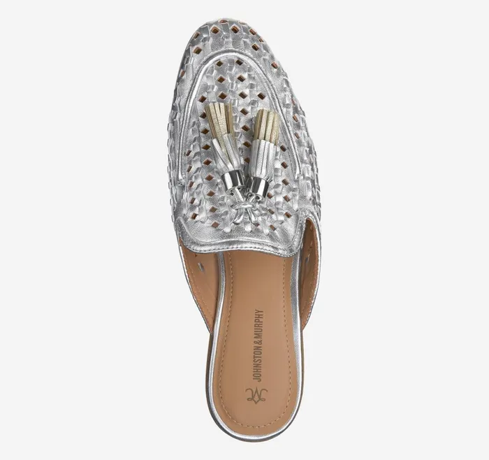 Johnston and Murphy Ali Woven Tassel Mule Silver Metallic Sheepskin Women Mules and Loafers Johnston and Murphy Ali Woven Tassel Mule Silver Metallic Sheepskin Women Mules and Loafers