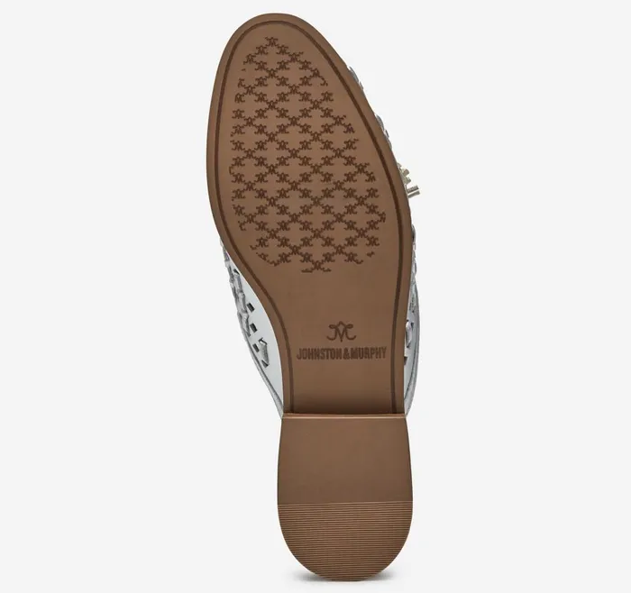 Johnston and Murphy Ali Woven Tassel Mule Silver Metallic Sheepskin Women Mules and Loafers Johnston and Murphy Ali Woven Tassel Mule Silver Metallic Sheepskin Women Mules and Loafers