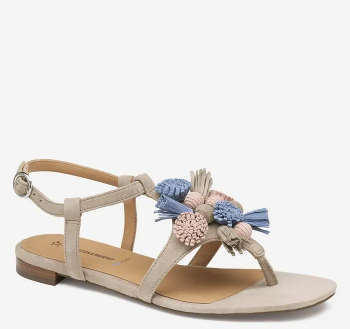 Johnston and Murphy Lilly Tassel Thong Taupe Multi Kid Suede Women Sandals