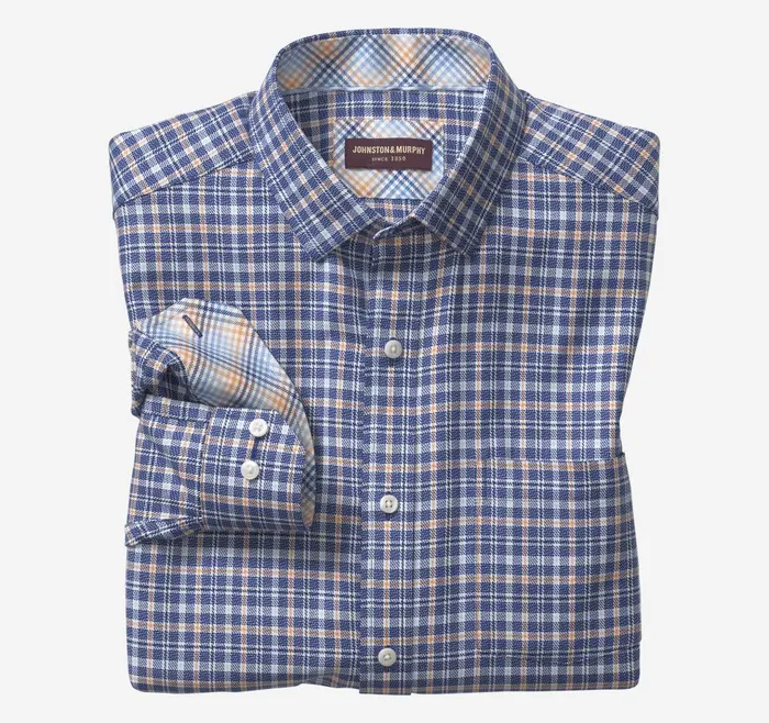 Johnston and Murphy LongSleeve Dress Shirt Navyorange Textured Plaid Men Shirts
