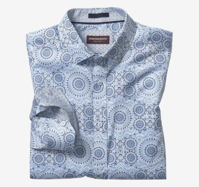 Johnston and Murphy Printed Cotton Shirt Blue Kaleidoscope Men Shirts