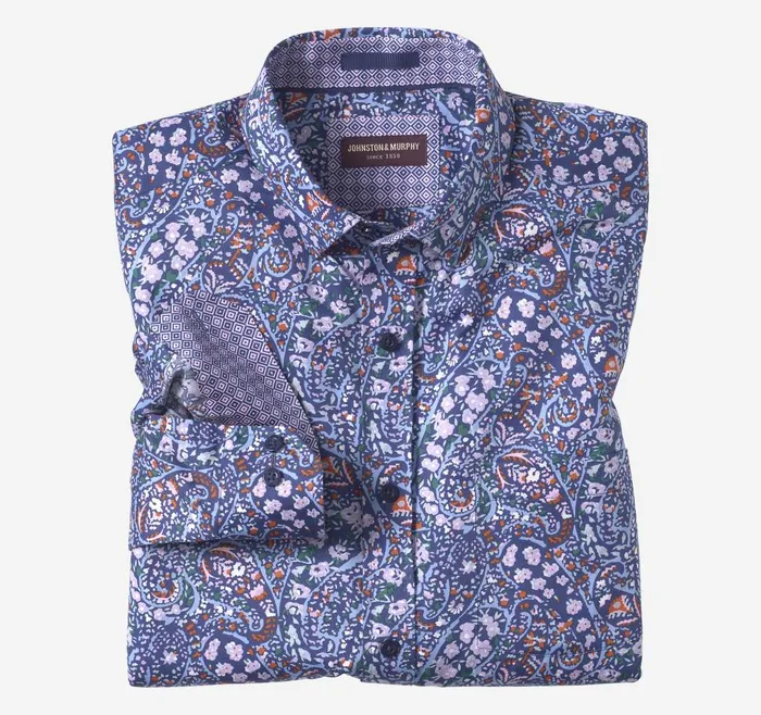 Johnston and Murphy Printed Cotton Shirt Navy Floral Paisley Men Shirts