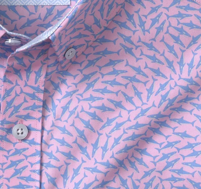 Johnston and Murphy Printed Cotton ShortSleeve Shirt Pink Swarming Shark Men ShortSleeve Shirts