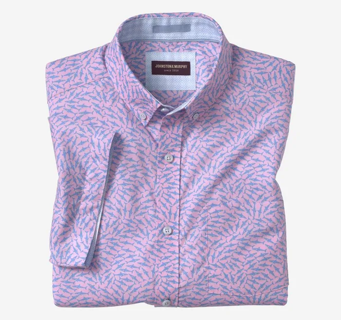 Johnston and Murphy Printed Cotton ShortSleeve Shirt Pink Swarming Shark Men ShortSleeve Shirts