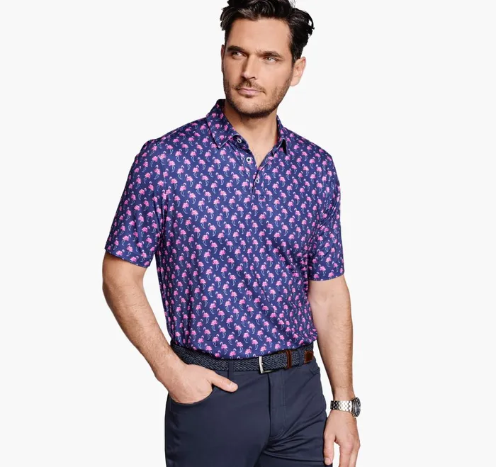 Johnston and Murphy XC4 Performance Polo Navy Flamingo Men Polos and Tees