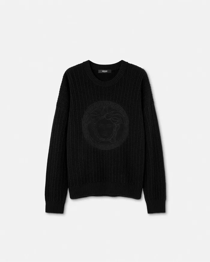 Knitwear Men Versace Embroidered Medusa CableKnit Sweater Black