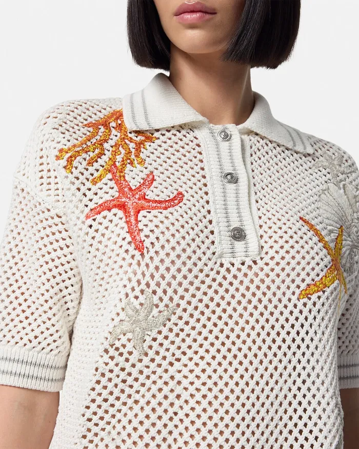 Knitwear Women Versace Crochet Knit Oversized Polo Shirt White