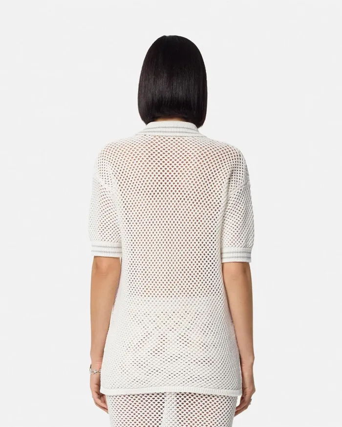 Knitwear Women Versace Crochet Knit Oversized Polo Shirt White