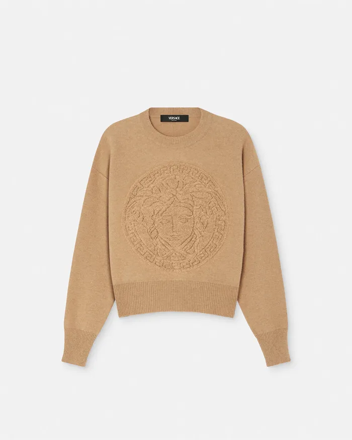 Knitwear Women Versace Medusa WoolBlend Knit Towel Sweater Beige