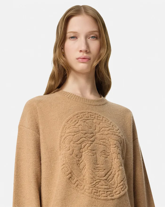 Knitwear Women Versace Medusa WoolBlend Knit Towel Sweater Beige