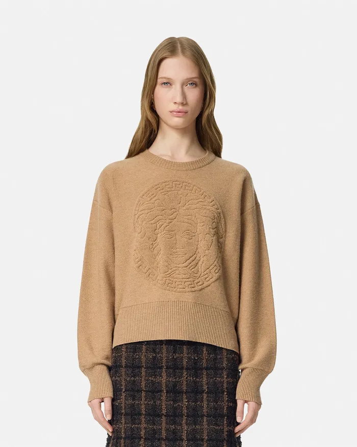 Knitwear Women Versace Medusa WoolBlend Knit Towel Sweater Beige