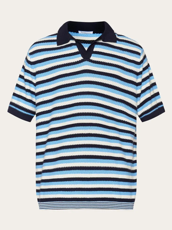 KnowledgeCotton Apparel Polo Shirts Organic Cotton Striped Knitted Polo GOTSVegan Blue Stripe 8211 Men KnowledgeCotton Apparel Polo Shirts Organic Cotton Striped Knitted Polo GOTSVegan Blue Stripe 8211 Men
