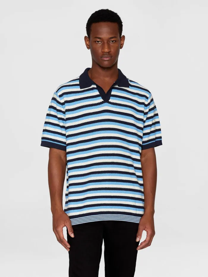 KnowledgeCotton Apparel Polo Shirts Organic Cotton Striped Knitted Polo GOTSVegan Blue Stripe 8211 Men KnowledgeCotton Apparel Polo Shirts Organic Cotton Striped Knitted Polo GOTSVegan Blue Stripe 8211 Men