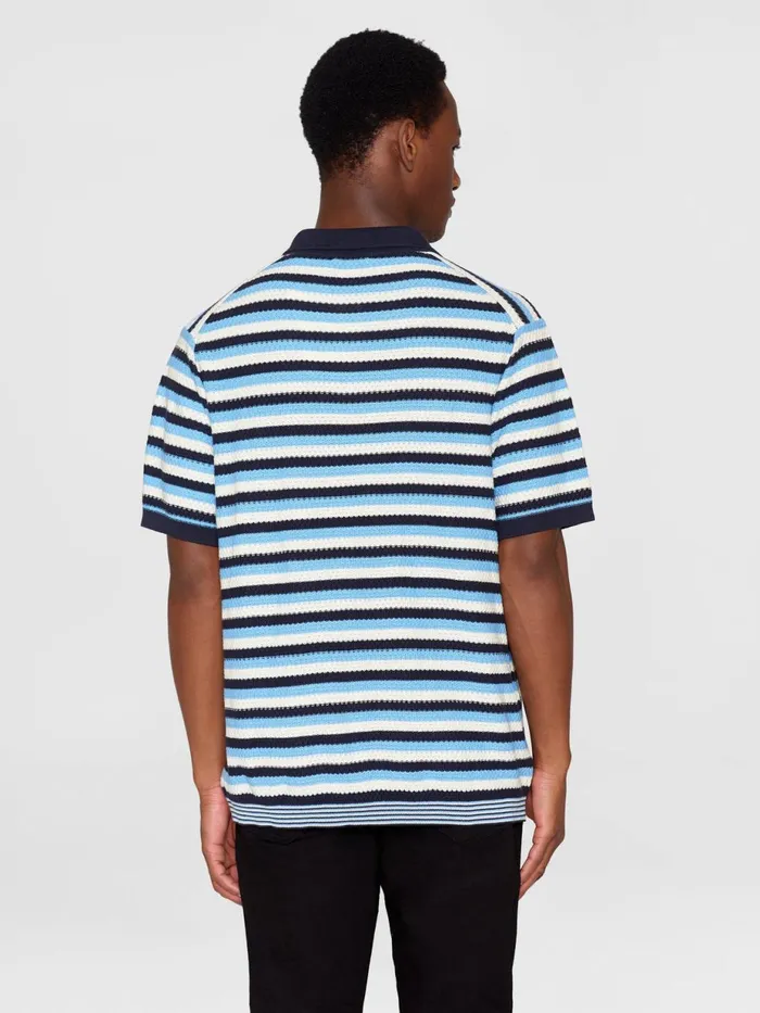 KnowledgeCotton Apparel Polo Shirts Organic Cotton Striped Knitted Polo GOTSVegan Blue Stripe 8211 Men KnowledgeCotton Apparel Polo Shirts Organic Cotton Striped Knitted Polo GOTSVegan Blue Stripe 8211 Men