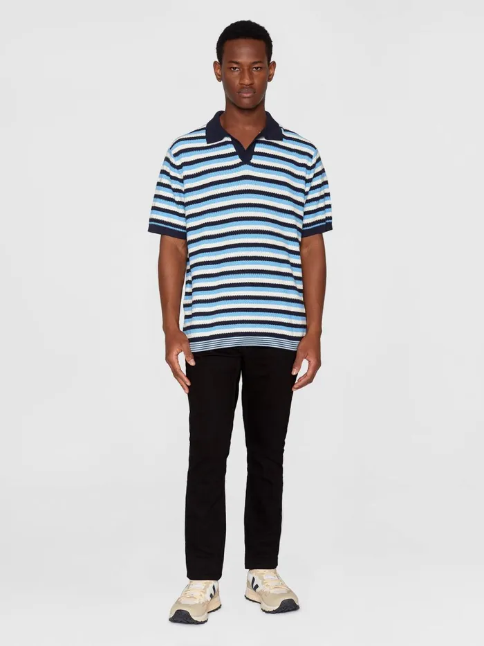 KnowledgeCotton Apparel Polo Shirts Organic Cotton Striped Knitted Polo GOTSVegan Blue Stripe 8211 Men KnowledgeCotton Apparel Polo Shirts Organic Cotton Striped Knitted Polo GOTSVegan Blue Stripe 8211 Men