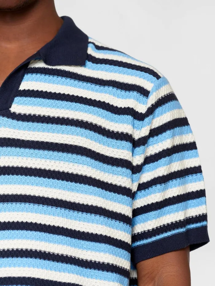 KnowledgeCotton Apparel Polo Shirts Organic Cotton Striped Knitted Polo GOTSVegan Blue Stripe 8211 Men KnowledgeCotton Apparel Polo Shirts Organic Cotton Striped Knitted Polo GOTSVegan Blue Stripe 8211 Men