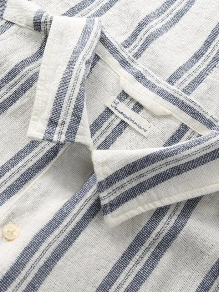 KnowledgeCotton Apparel Shirts Box Short Sleeve Striped Cotton Shirt GOTSVegan Blue Stripe 8211 Men