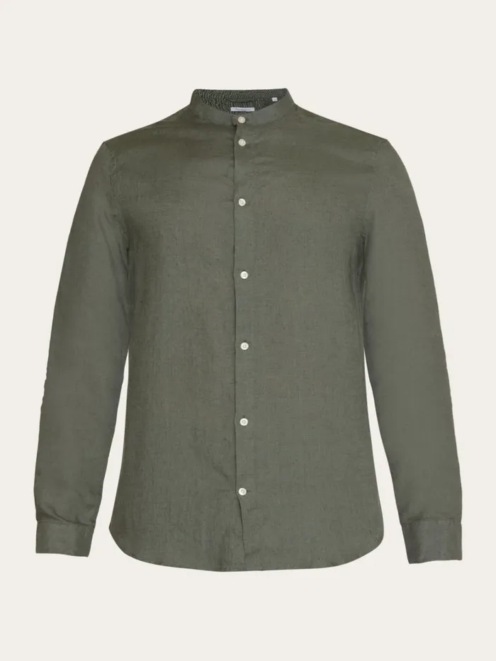 KnowledgeCotton Apparel Shirts Custom Fit Linen Stand Collar Shirt Burned Olive 8211 Men