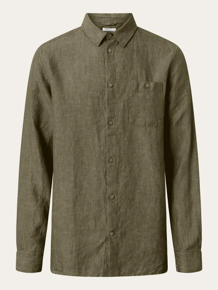 KnowledgeCotton Apparel Shirts Linen Custom Fit LS Shirt Burned Olive 8211 Men KnowledgeCotton Apparel Shirts Linen Custom Fit LS Shirt Burned Olive 8211 Men