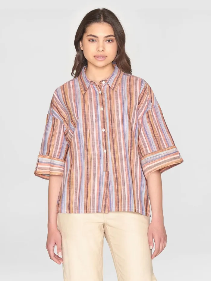 KnowledgeCotton Apparel Shirts Loose Multicolored Stripe Short Sleeved Shirt gotsvegan 8211 Women KnowledgeCotton Apparel Shirts Loose Multicolored Stripe Short Sleeved Shirt gotsvegan 8211 Women