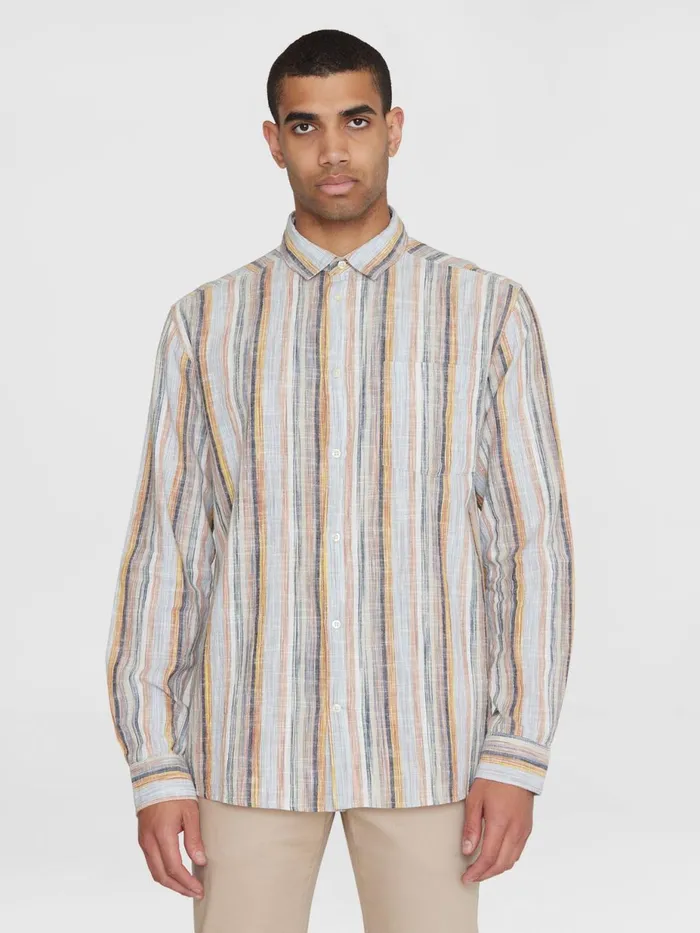 KnowledgeCotton Apparel Shirts Loose Multicolored Striped Cotton Shirt Gotsvegan 8211 Men