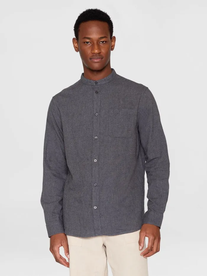 KnowledgeCotton Apparel Shirts Regular Fit Melang Flannel Stand Collar Shirt Dark Grey Melange 8211 Men