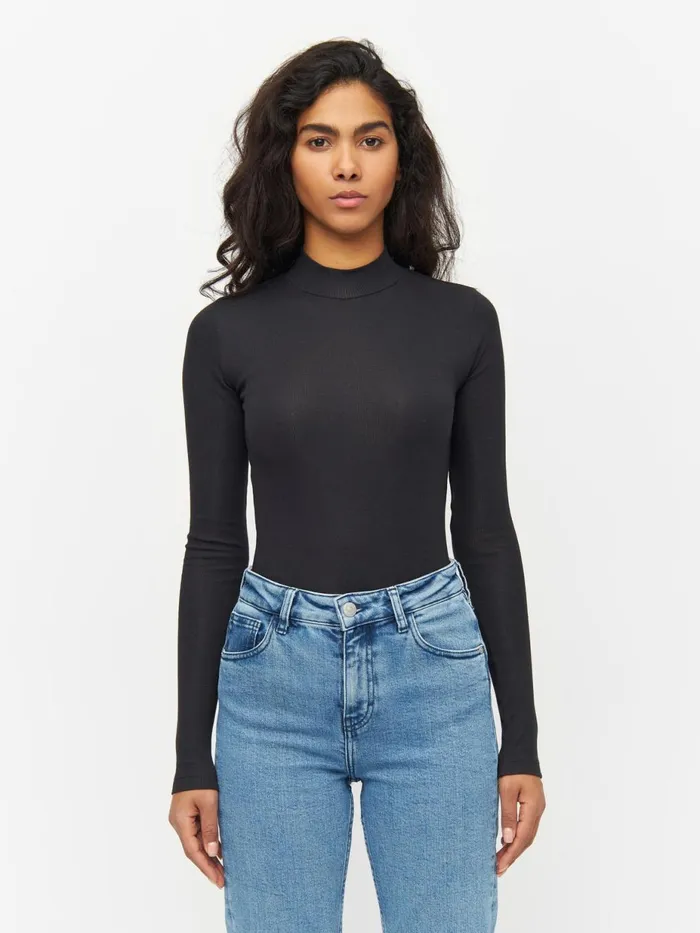 KnowledgeCotton Apparel TShirts And Tops Rib High Neck Long Sleeve Black Jet 8211 Women KnowledgeCotton Apparel TShirts And Tops Rib High Neck Long Sleeve Black Jet 8211 Women