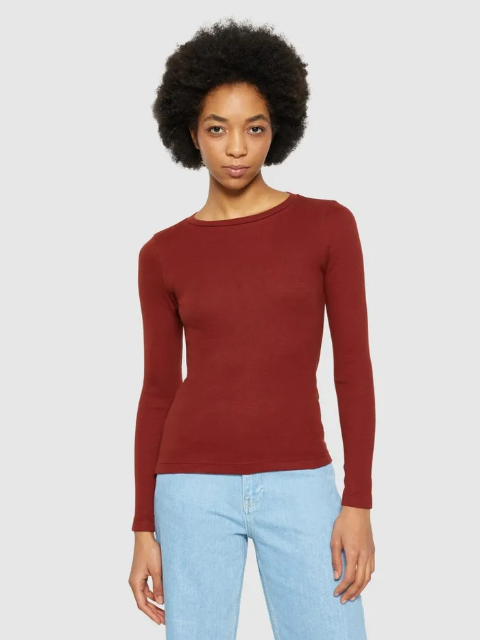 KnowledgeCotton Apparel TShirts And Tops Rib Scoop Neck Long Sleeved Fired Brick 8211 Women KnowledgeCotton Apparel TShirts And Tops Rib Scoop Neck Long Sleeved Fired Brick 8211 Women