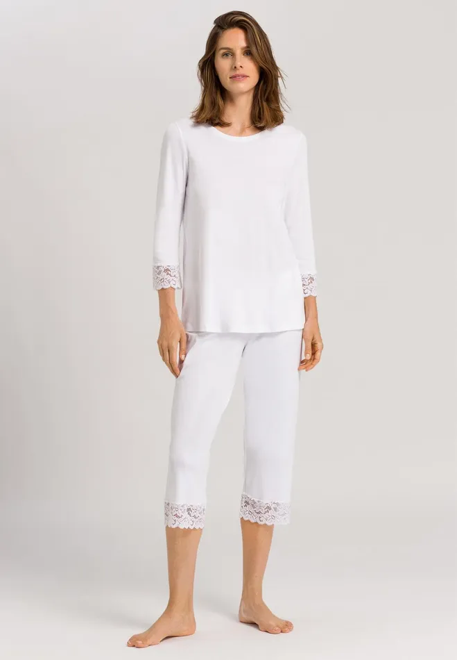 Lace Trim Cotton Pajama Set White Women HANRO Pajama Sets