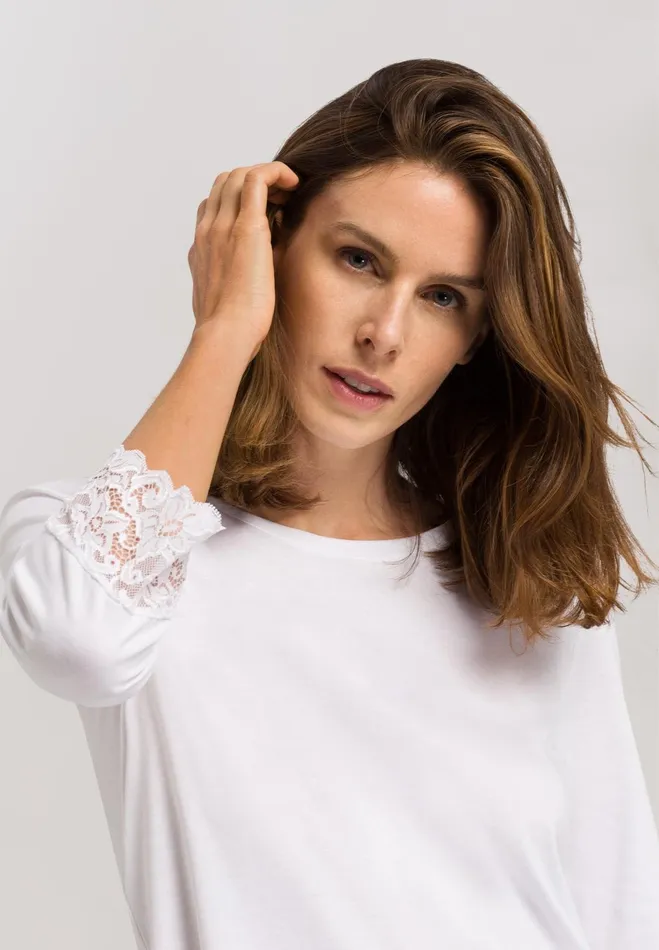 Lace Trim Cotton Pajama Set White Women HANRO Pajama Sets