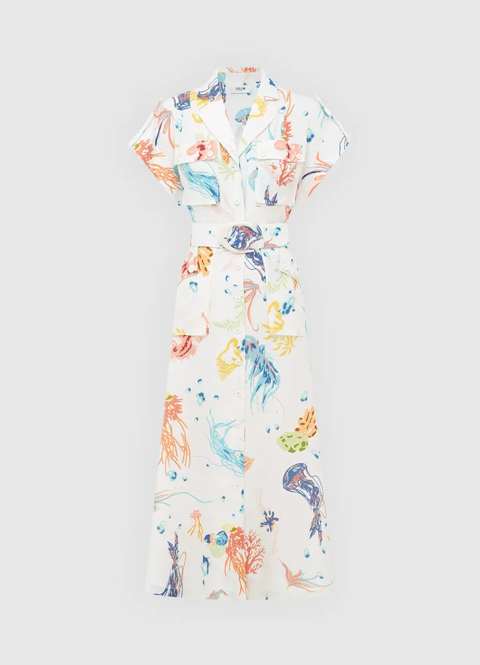 LEO LIN Dresses and Jumpsuits Women Audrey Pocket Shirt Midi Dress 8211 Twilight Print in White