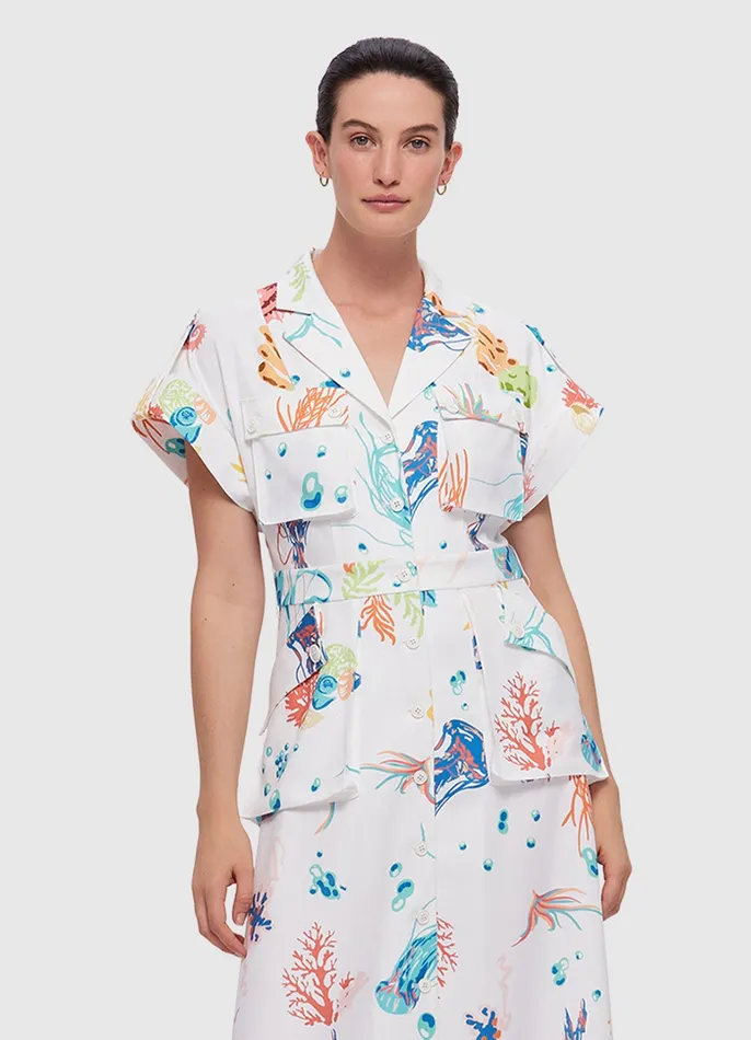 LEO LIN Dresses and Jumpsuits Women Audrey Pocket Shirt Midi Dress 8211 Twilight Print in White