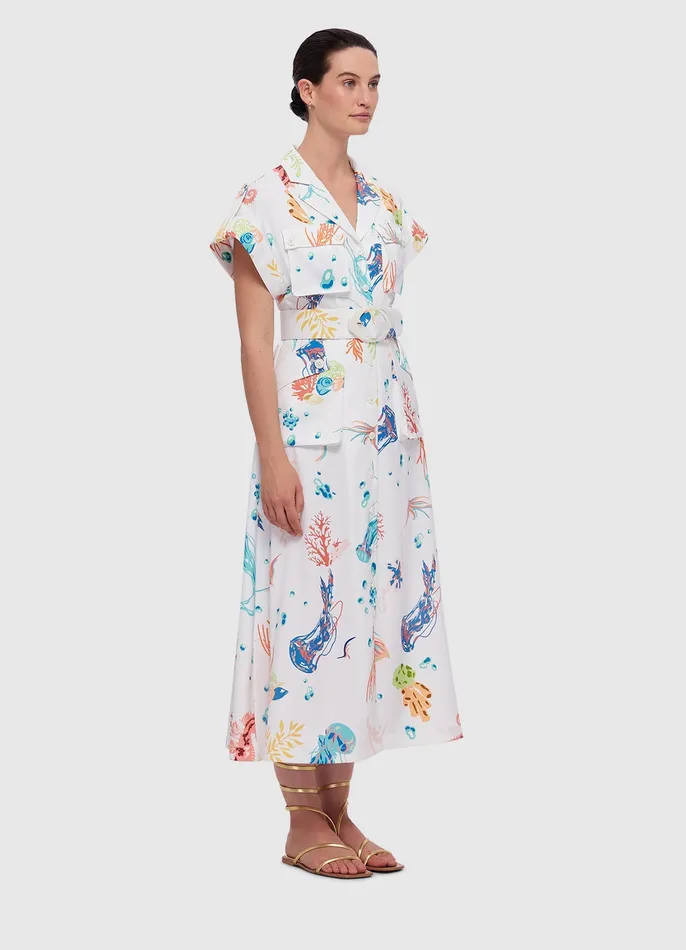 LEO LIN Dresses and Jumpsuits Women Audrey Pocket Shirt Midi Dress 8211 Twilight Print in White