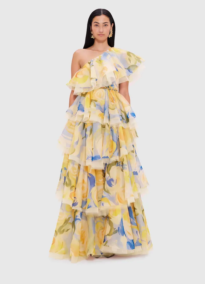 LEO LIN Dresses and Jumpsuits Women Paloma One Shoulder Ruffled Gown 8211 Bouquet Print