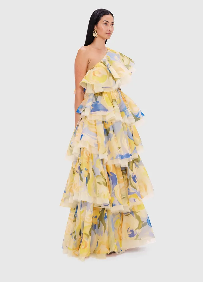 LEO LIN Dresses and Jumpsuits Women Paloma One Shoulder Ruffled Gown 8211 Bouquet Print