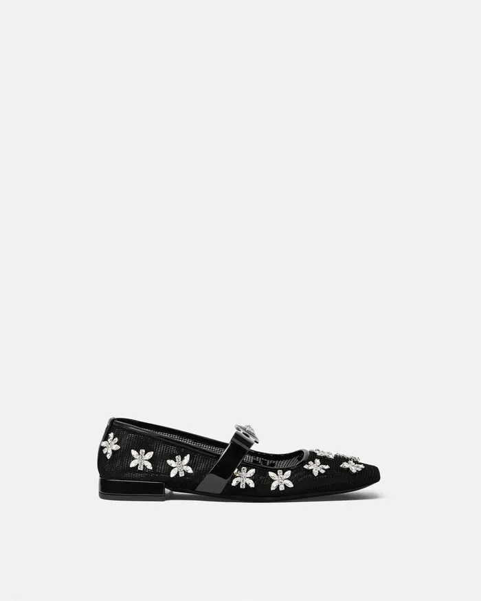 Loafers and Flats Women Versace Crystal Mesh Gianni Ribbon Ballerinas Blacksilver